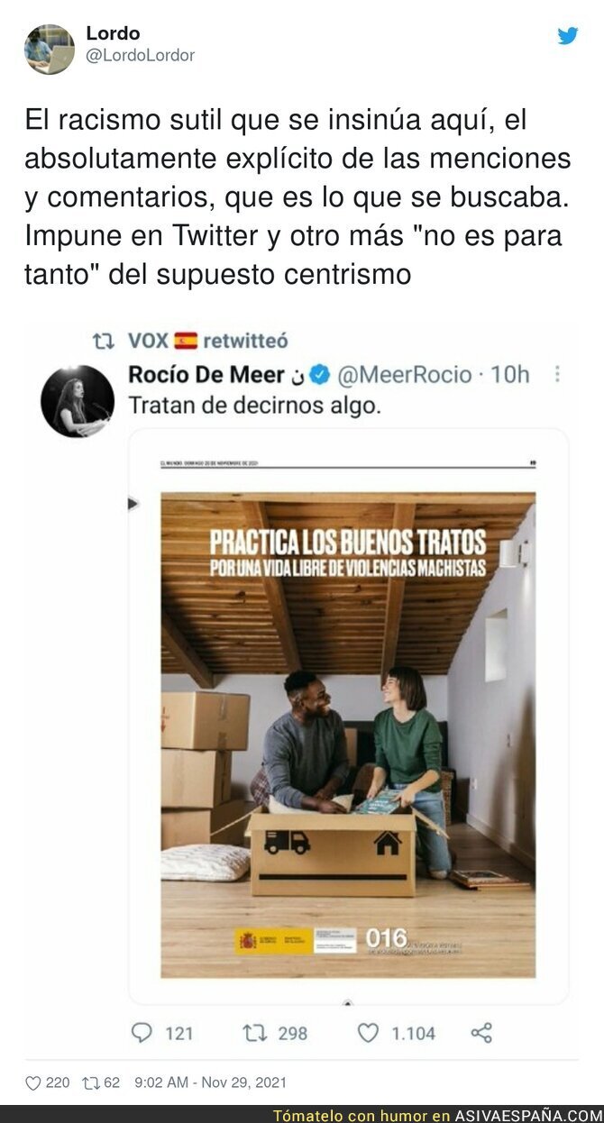 VOX retratado una vez más con su racismo asqueroso al escribir Rocío de Meer uno de estos tuits  y darle retuit desde la cuenta oficial