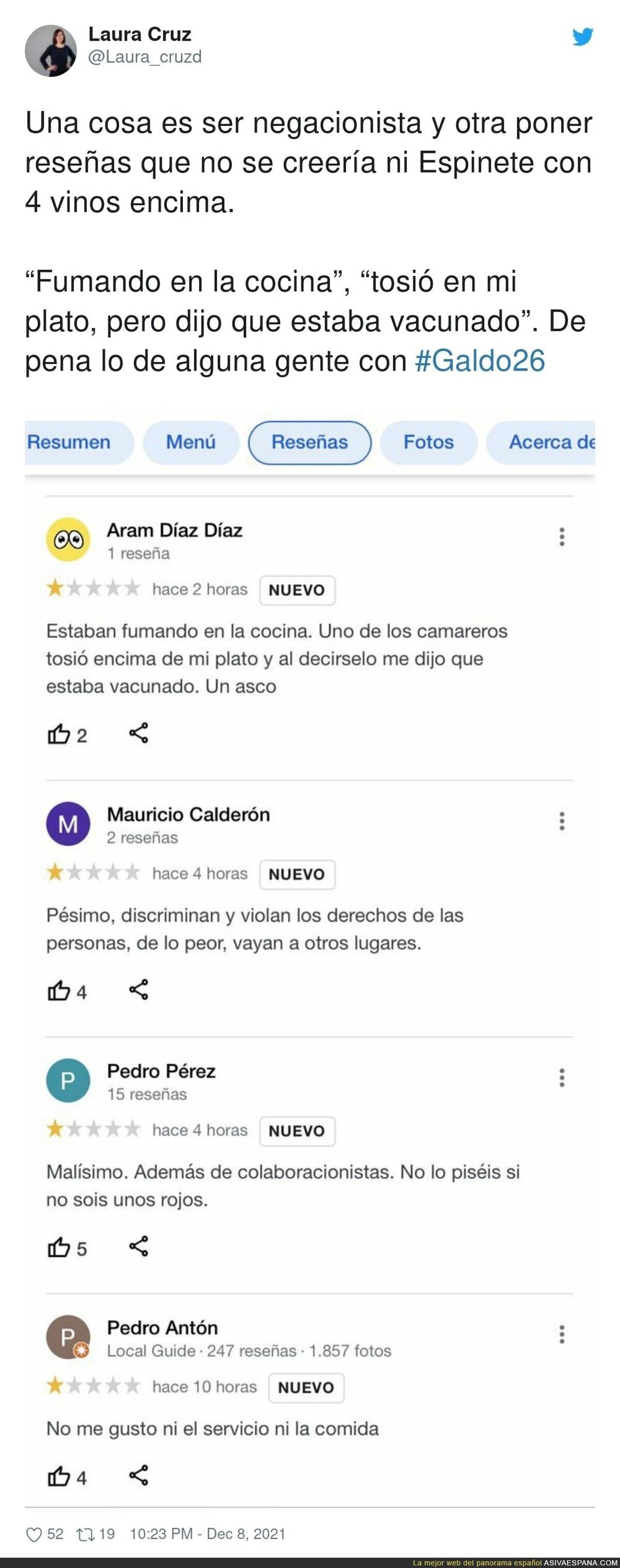 La gente de ultraderecha trata de boicotear este restaurante simplemente por querer cumplir las normas en mitad de una pandemia con el certificado covid