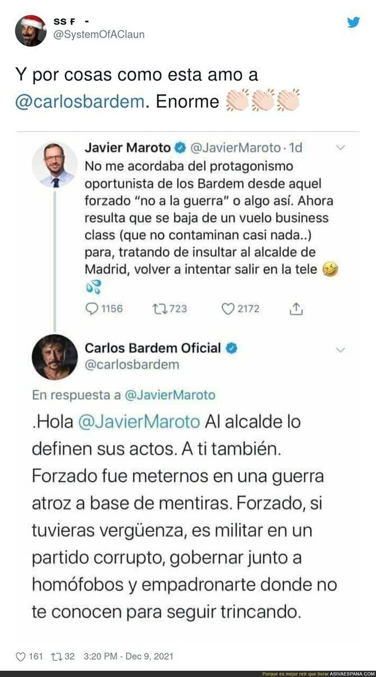 La brutal respuesta de Carlos Bardem al listillo de Javier Maroto tras este tuit contra su familia