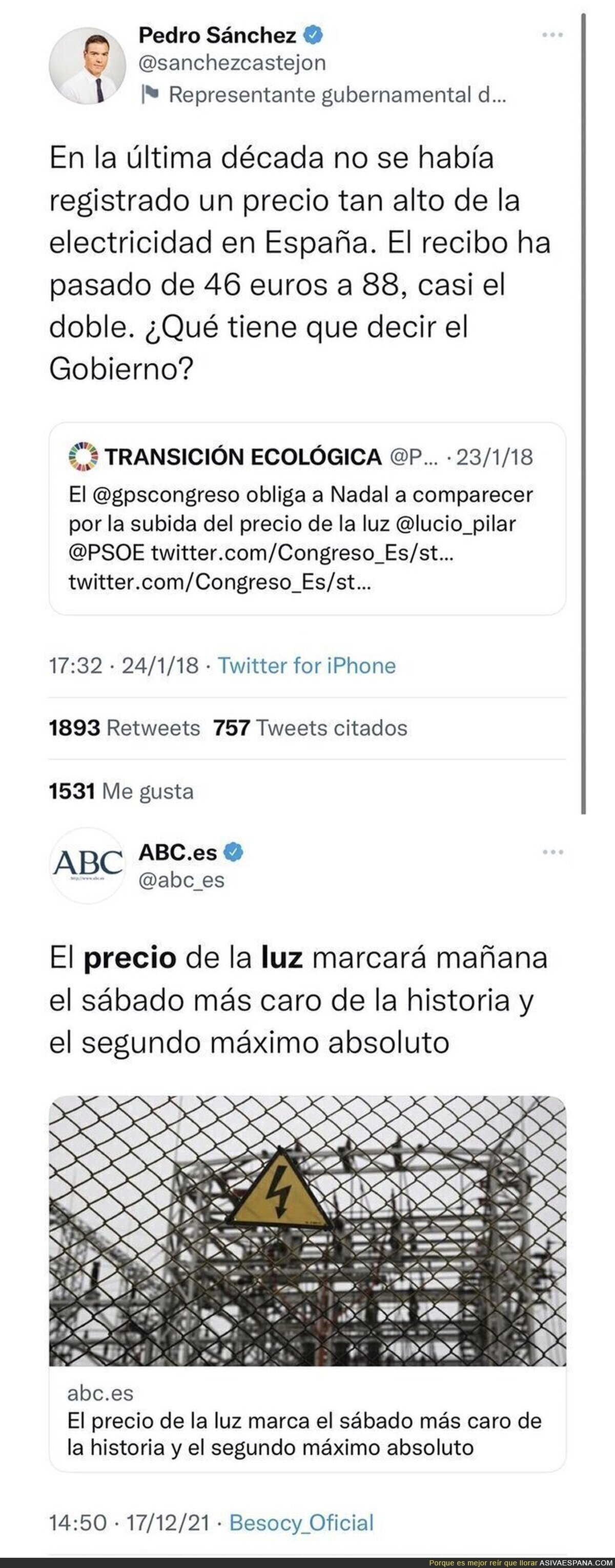 Pedro Sánchez queda retratado con este tuit del pasado sobre el precio de la electricidad