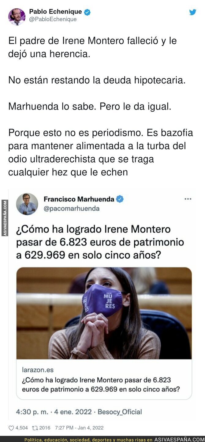 El periodismo basura de Francisco Marhuenda atacando a Irene Montero