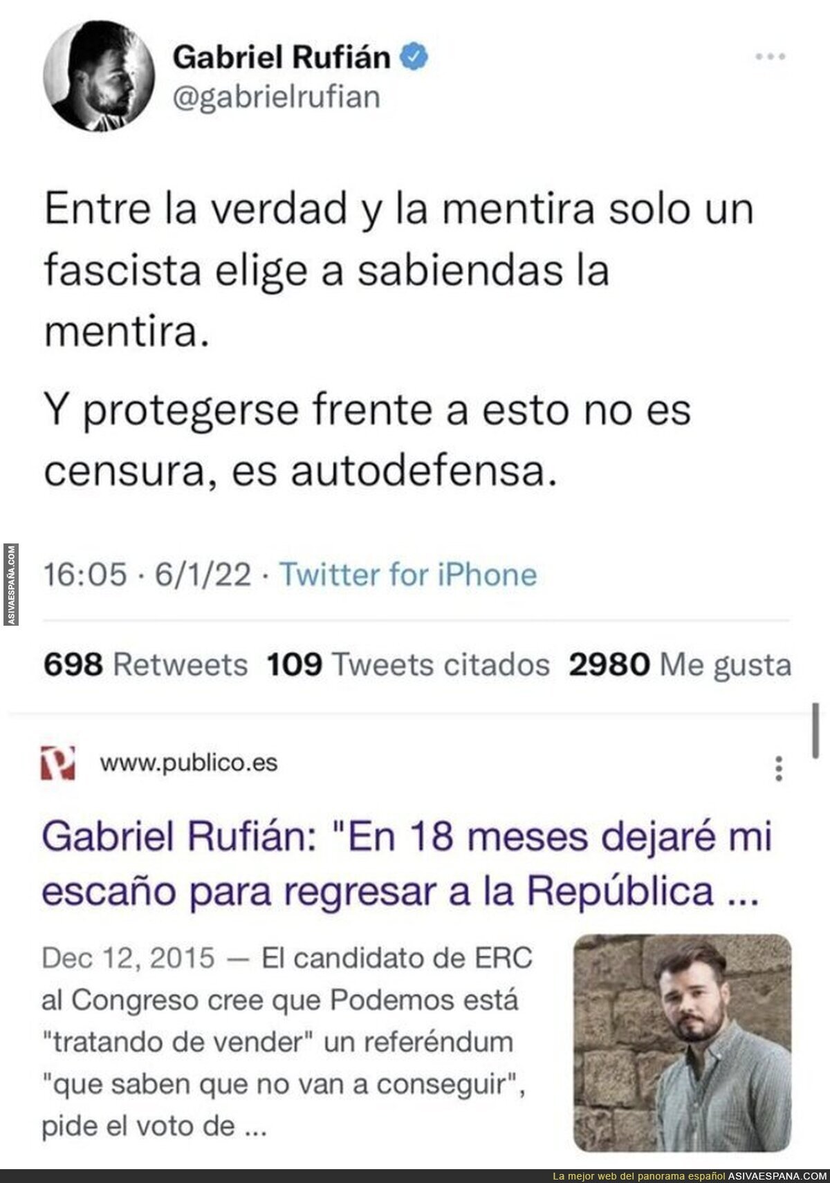 Así se retrata Gabriel Rufián bien solito