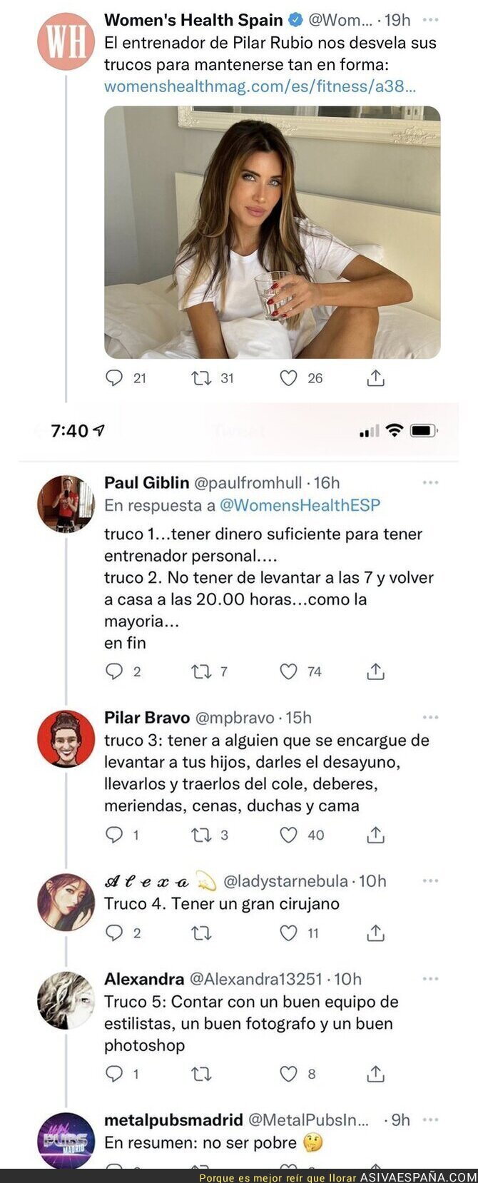 El entrenador personal de Pilar Rubio desvela sus secretos para mantenerse en forma y Twitter responde con la realidad