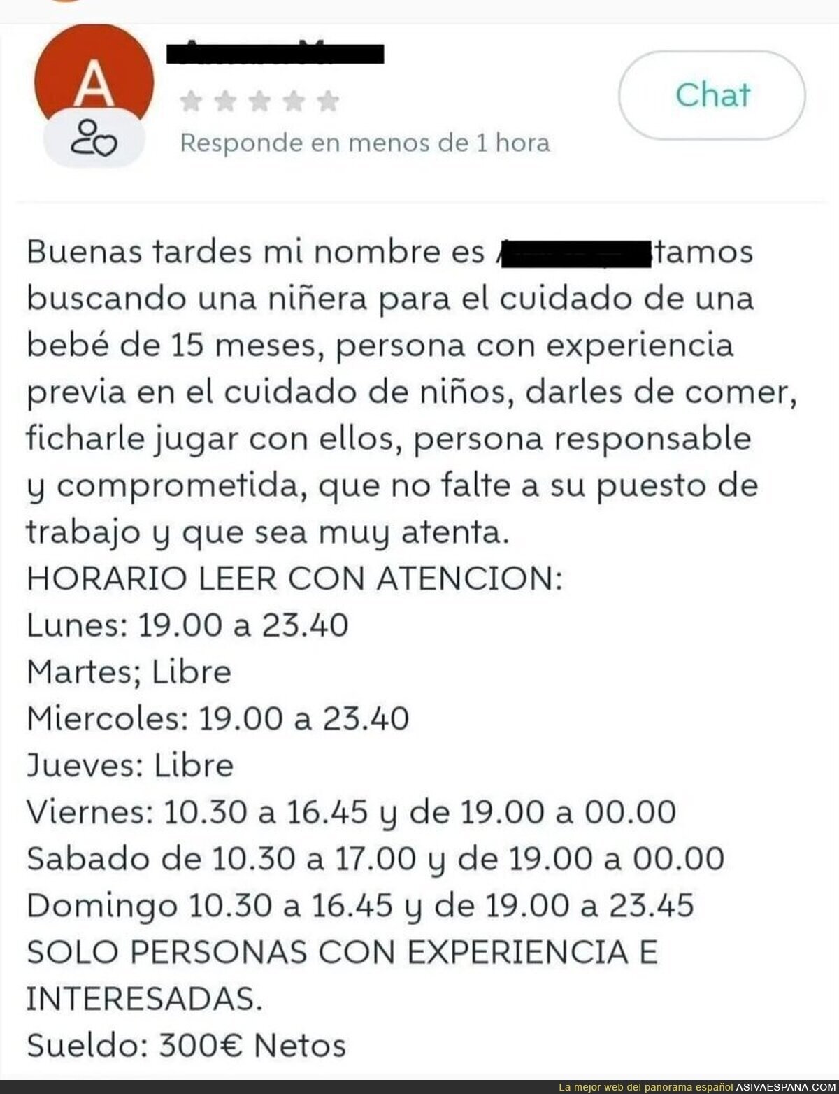 Buscan a una persona que cuide de un bebé 41 horas a la semana por 300 euros al mes. 1,80€ la hora