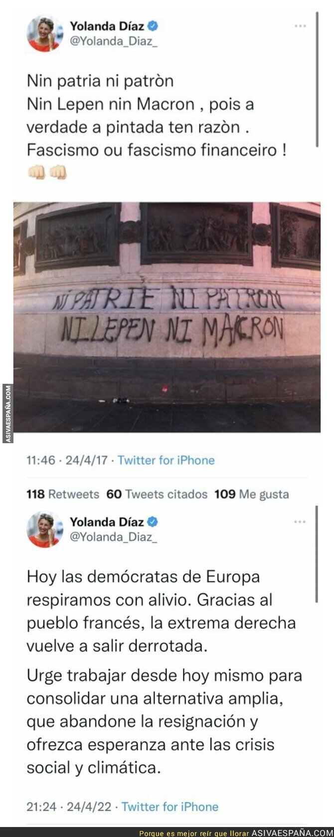 Así ha cambiado Yolanda Díaz su opinión sobre Macron