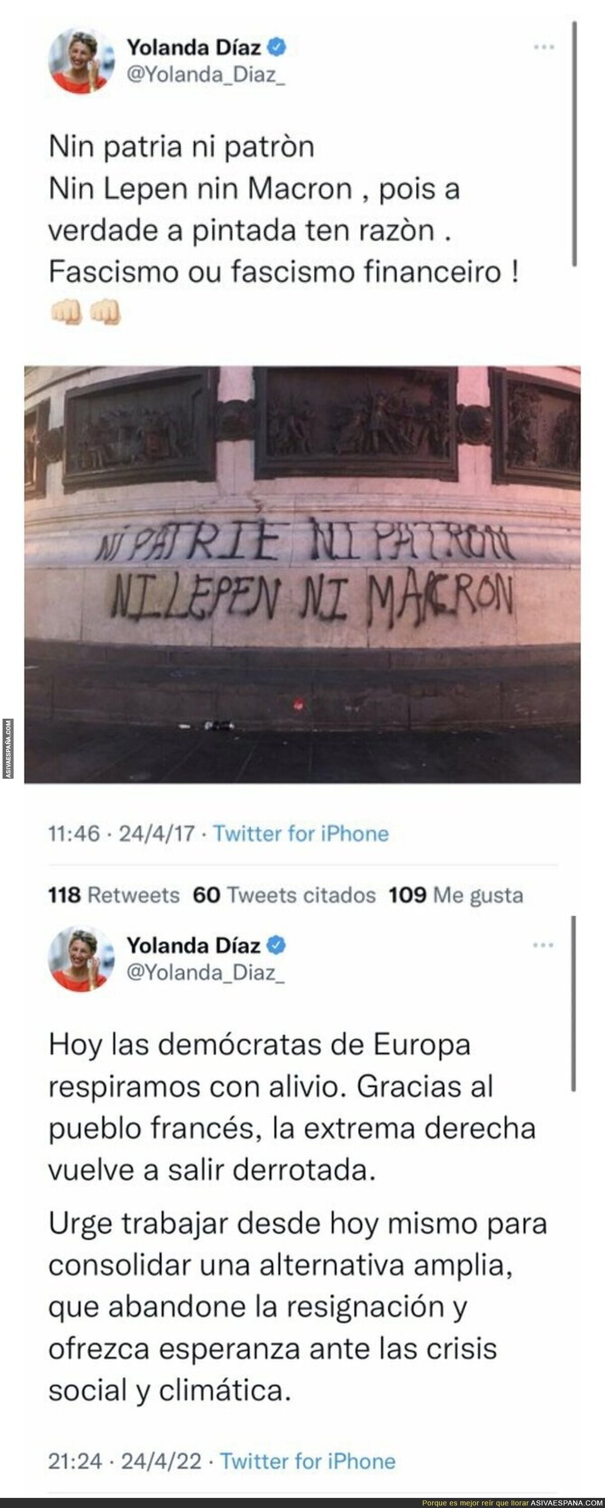 Así ha cambiado Yolanda Díaz su opinión sobre Macron