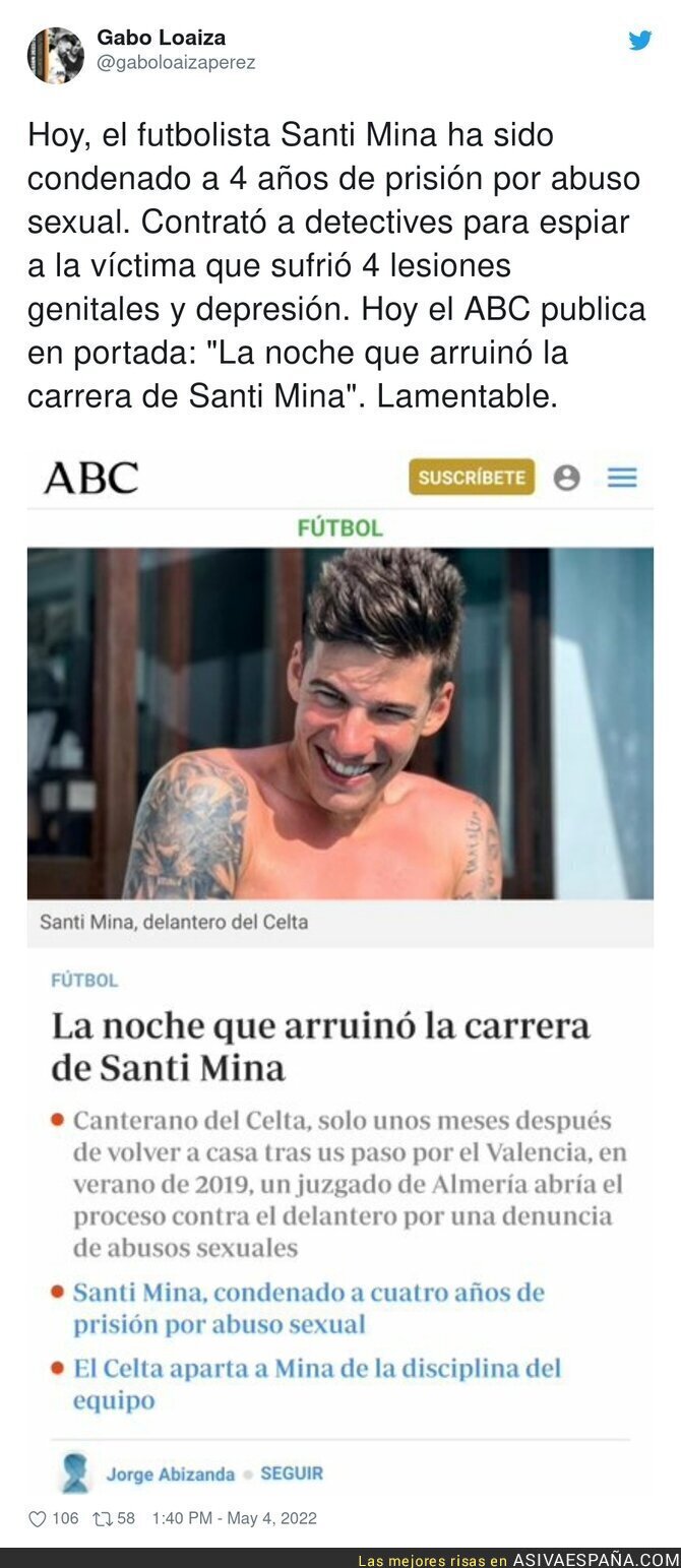 El vomitivo titular de ABC con la condena de cárcel a Santi Mina por abusos sexuales