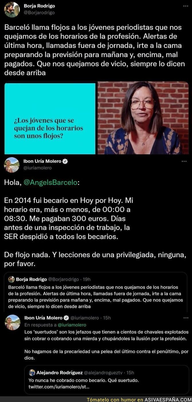 La brutal respuesta de un ex becario de Angels Barceló tras llamar 'flojos' a los jóvenes periodistas que se quejan de los horarios