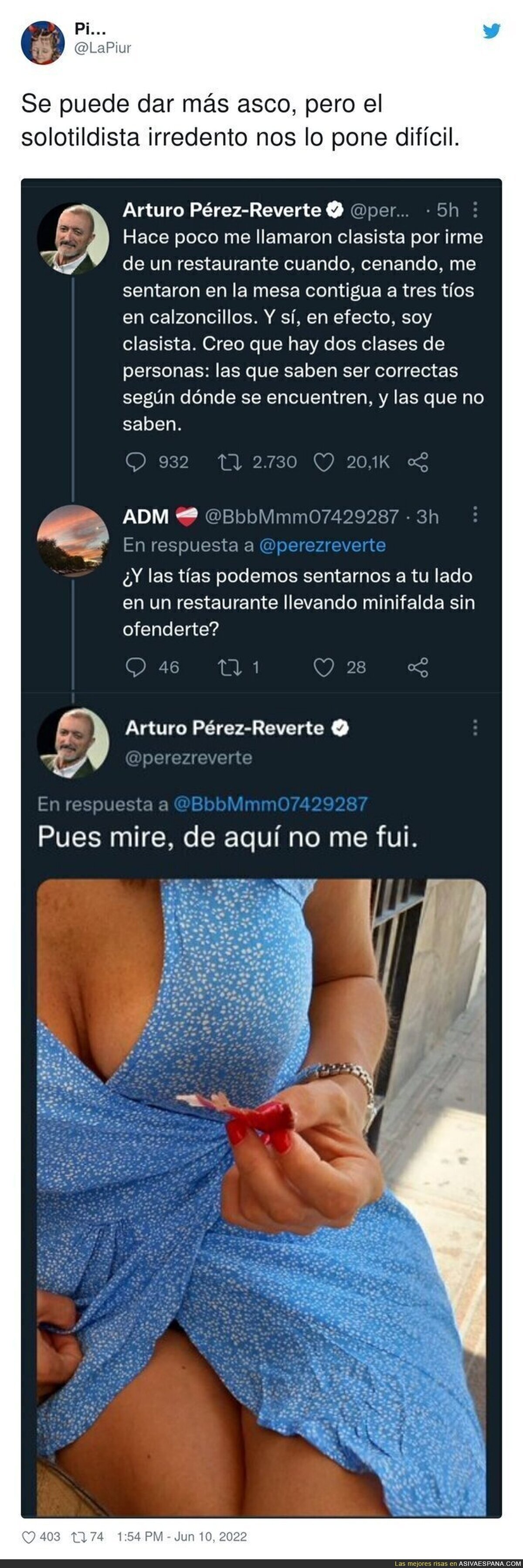 Arturo Pérez-Reverte da toda la repugnancia del mundo subiendo esta foto de una mujer a Twitter