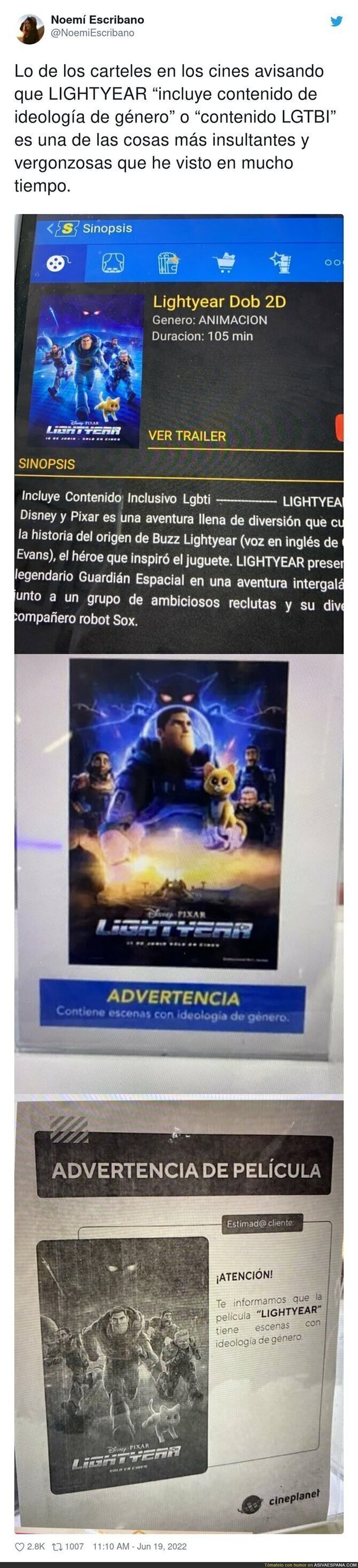 Vergüenza absoluta por el mensaje que ponen algunos cines ante la proyección de 'Lightyear'