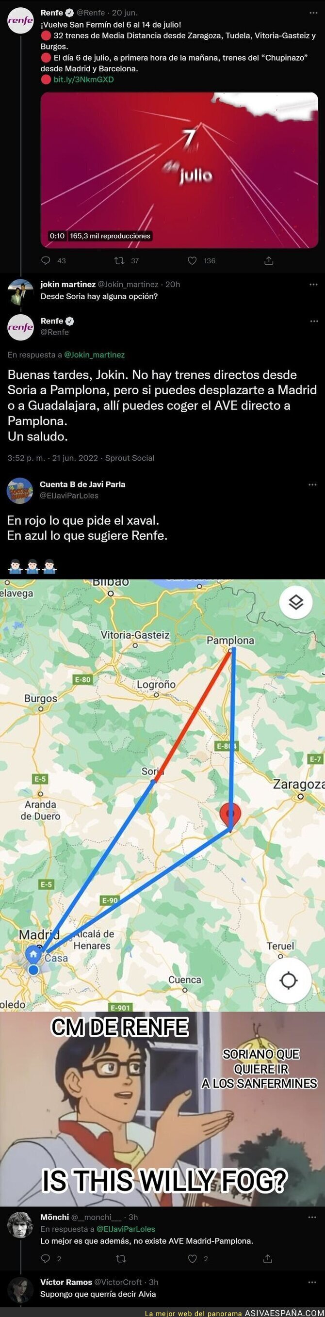 Un usuario le pide a RENFE como ir de Soria a Pamplona en San Fermines y la respuesta es muy loca