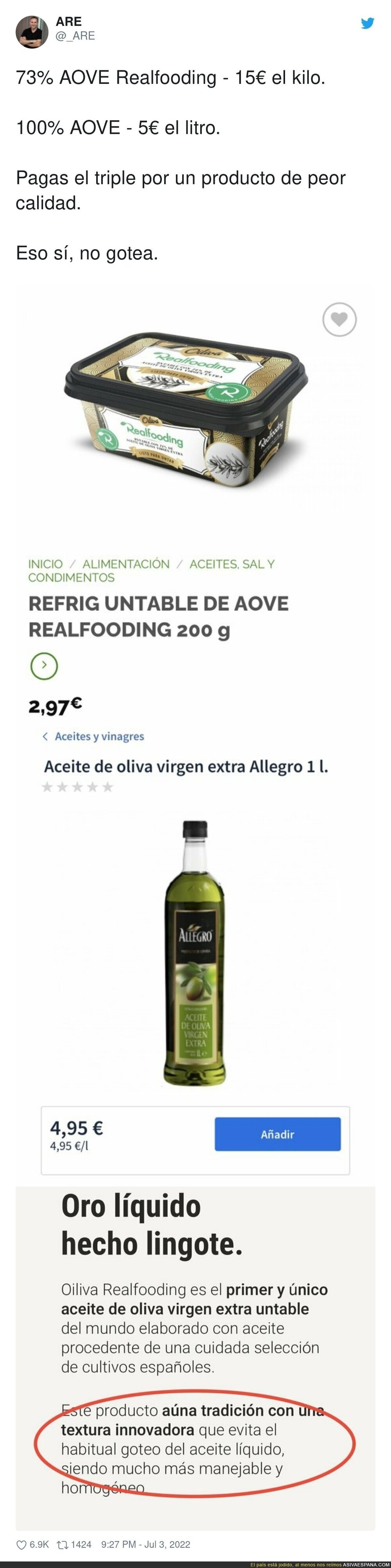 El gran negocio de Carlos Ríos vendiendo por el triple un aceite de oliva 72%