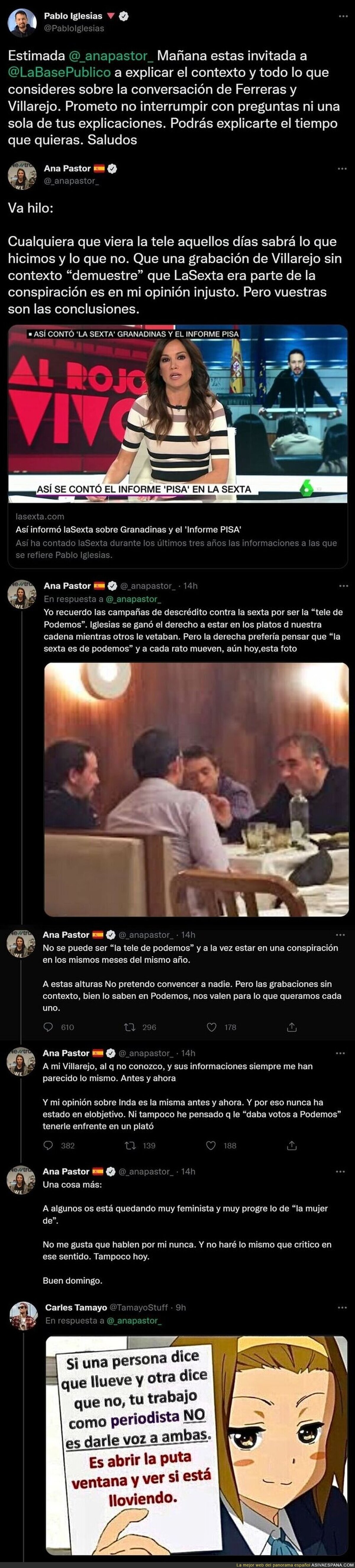 La brutal respuesta de Pablo Iglesias a Ana Pastor después del lamentable hilo intentando desviar la atención tras las filtraciones de Ferreras y Villarejo
