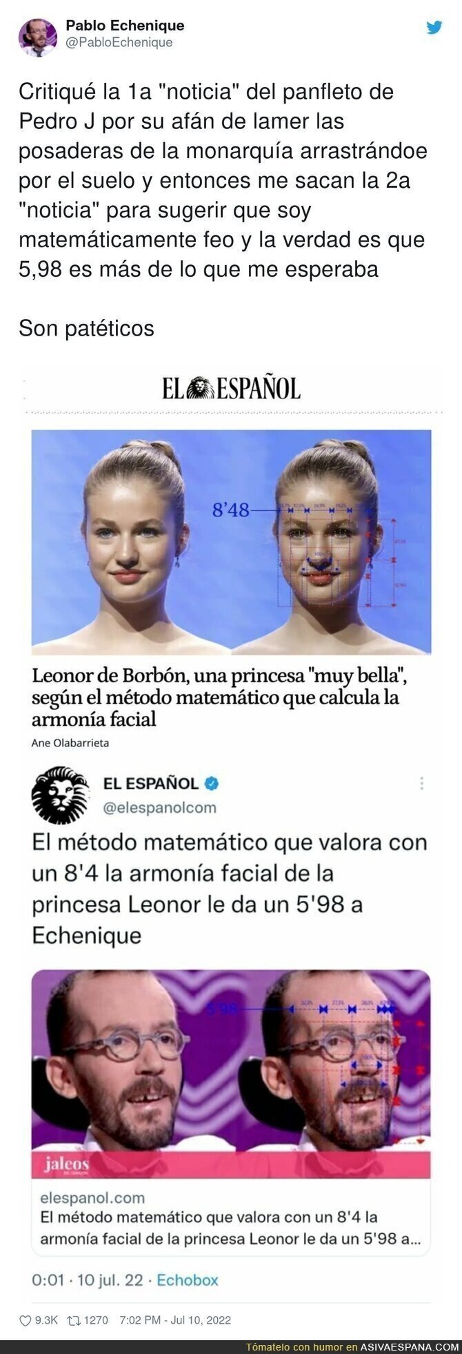 La respuesta de Echenique al lamentable artículo en el que 'El Español' le llama feo