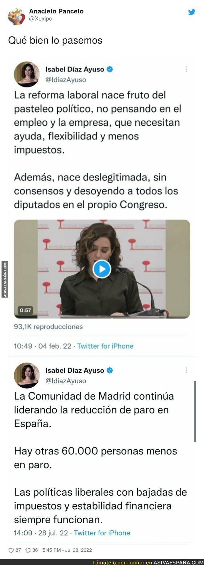 Como cambia la historia de Isabel Díaz Ayuso cuando funcionan las políticas del PSOE y Unidas Podemos