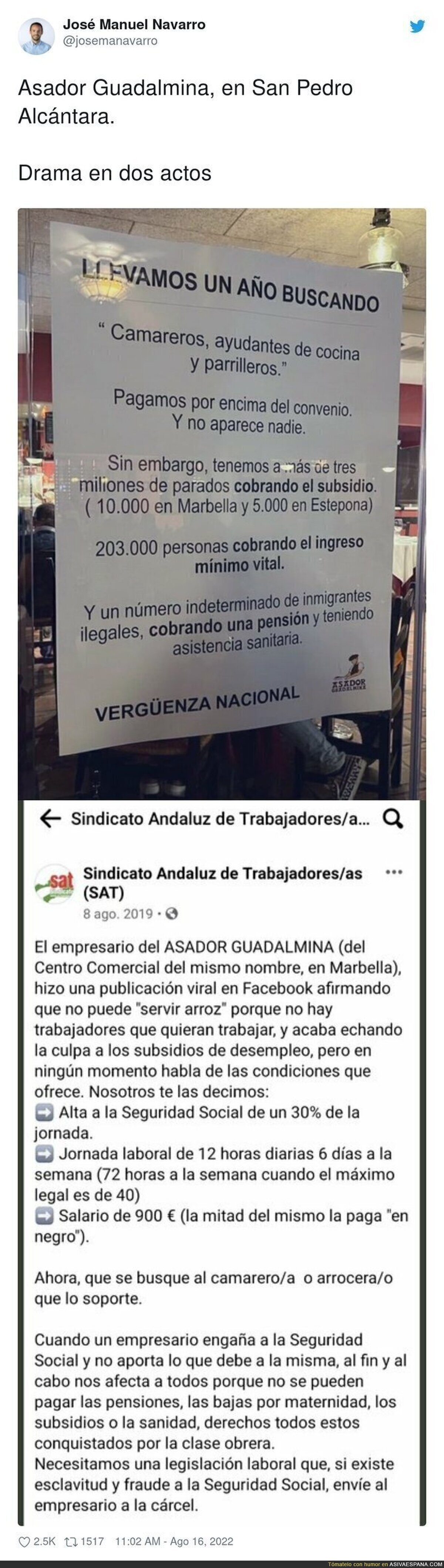 La brutal carta que le dedica el Sindicato Andaluz de Trabajadores al polémico Asador Guadalmina tras este lamentable cartel en su establecimiento