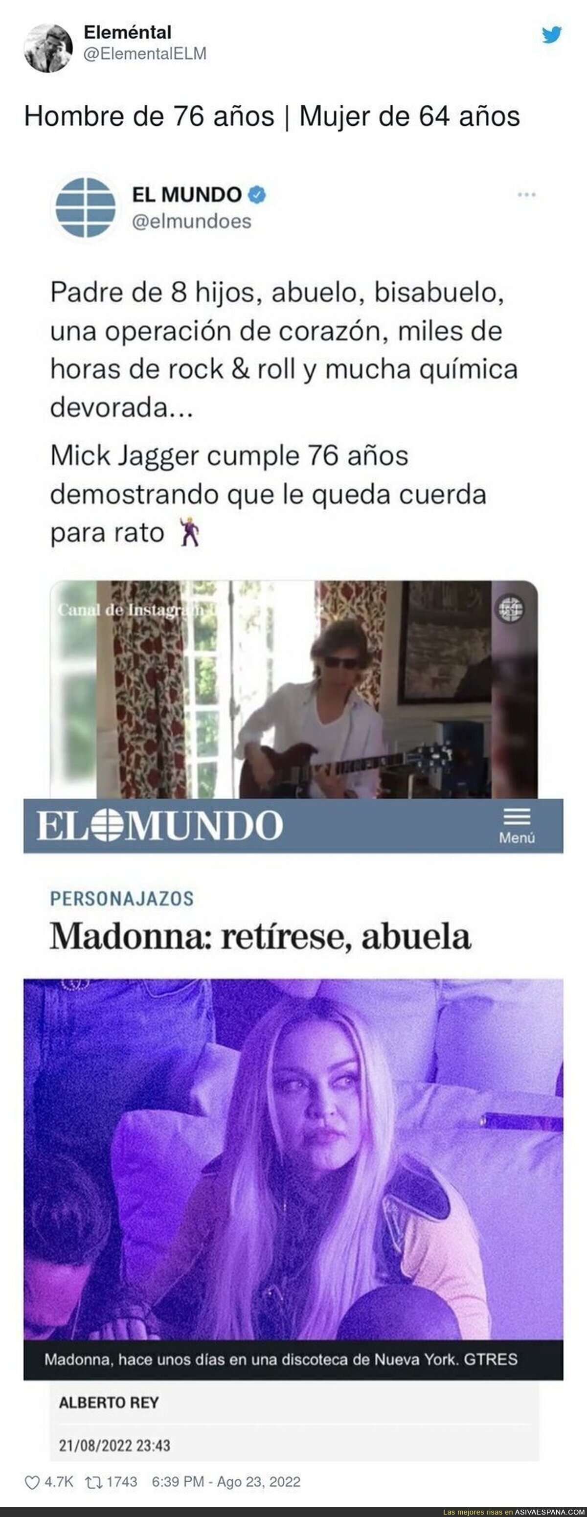 Así es la diferencia de titulares de 'El Mundo' cuando habla de un cantante de 76 años y de una mujer cantante de 64 años