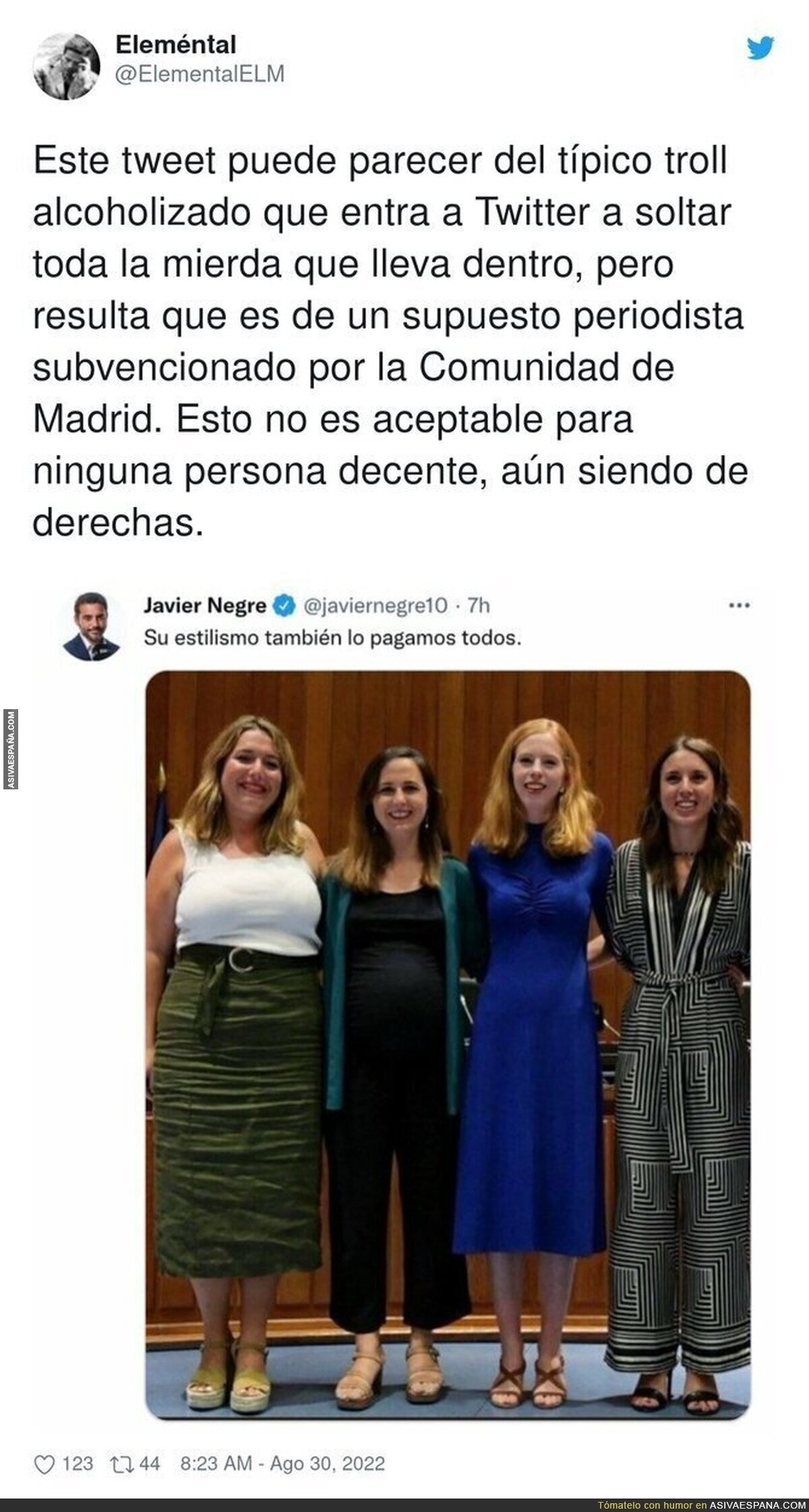 Javier Negre vuelve a hacer el ridículo con este tipo de tuits denigrando a mujeres por como visten