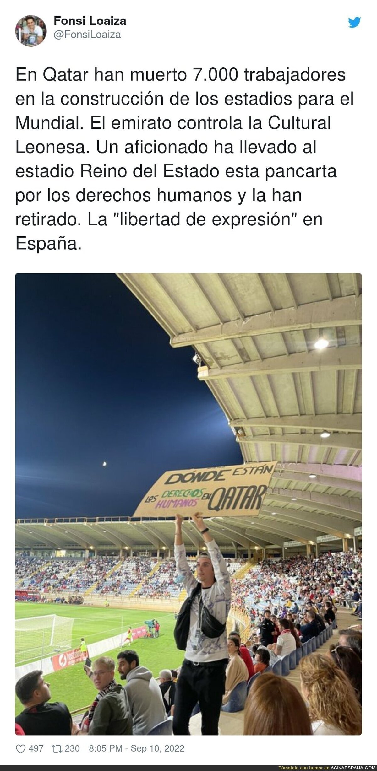 Retiraron la pancarta y expulsaron al chaval que la portaba. El estadio es el Reino de León, para vergüenza de los leoneses, por @FonsiLoaiza
