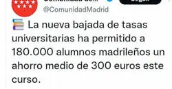 La brutal respuesta a la Comunidad de Madrid dtras anunciar que han bajado las tasas universitarias a los alumnos madrileños