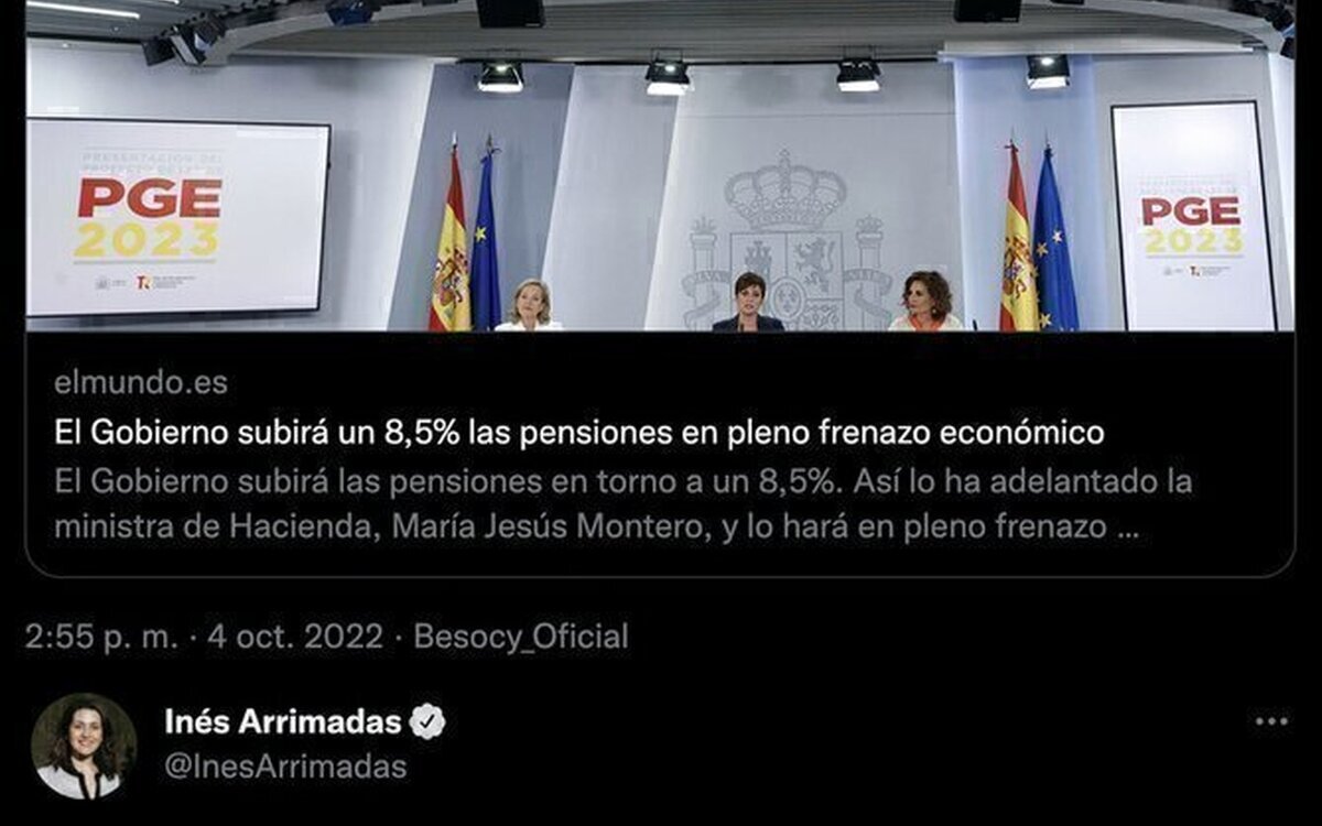 Todo el mundo está respondiendo  a Inés Arrimadas muy indignados y dejándola por los suelos por su opinión de que el Gobierno suba 8,5% las pensiones