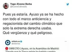 Ayuso copia el discurso anti cambio climático de Santiago Abascal