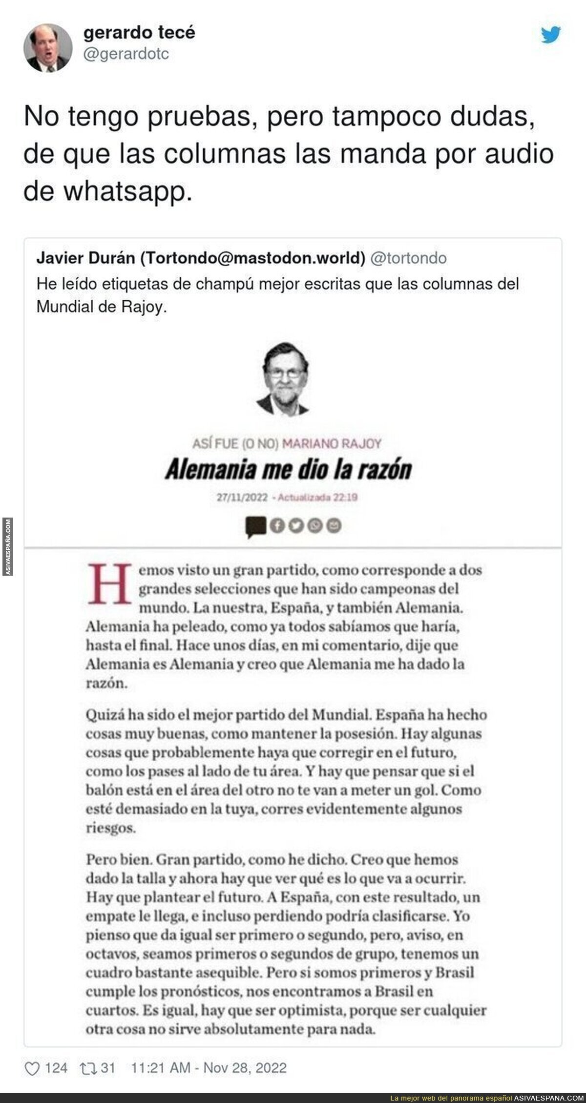 Otro artículo magistral de Mariano Rajoy analizando el partido de España