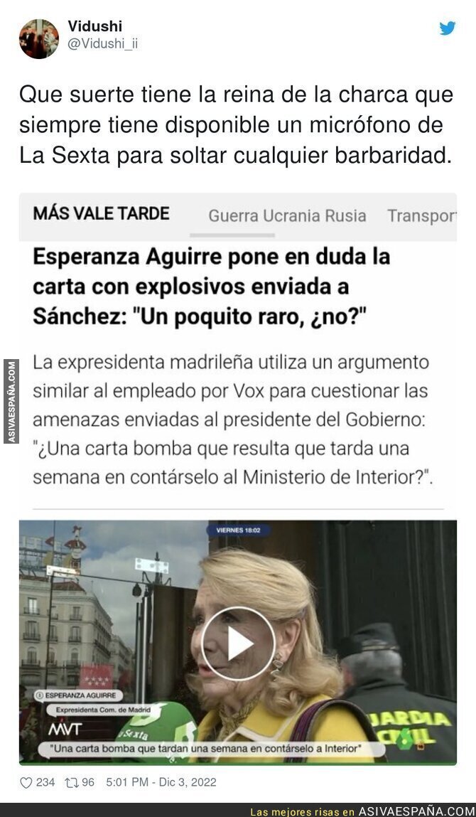 LaSexta siempre disponible para dar voz a Esperanza Aguirre