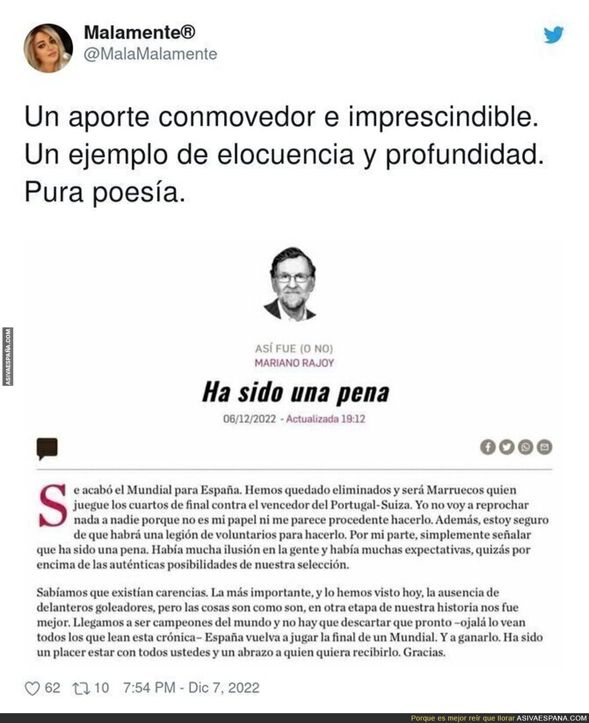 Maravilloso análisis de Mariano Rajoy sobre el fin del Mundial para España