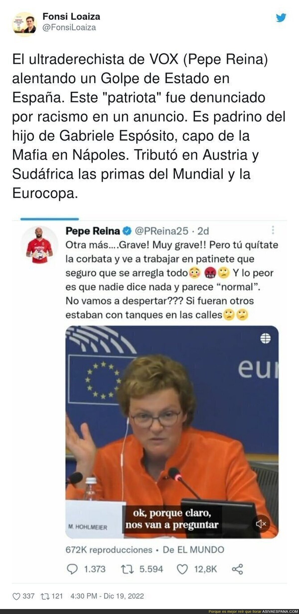 Pepe Reina vuelve a sacar su patita del fascismo