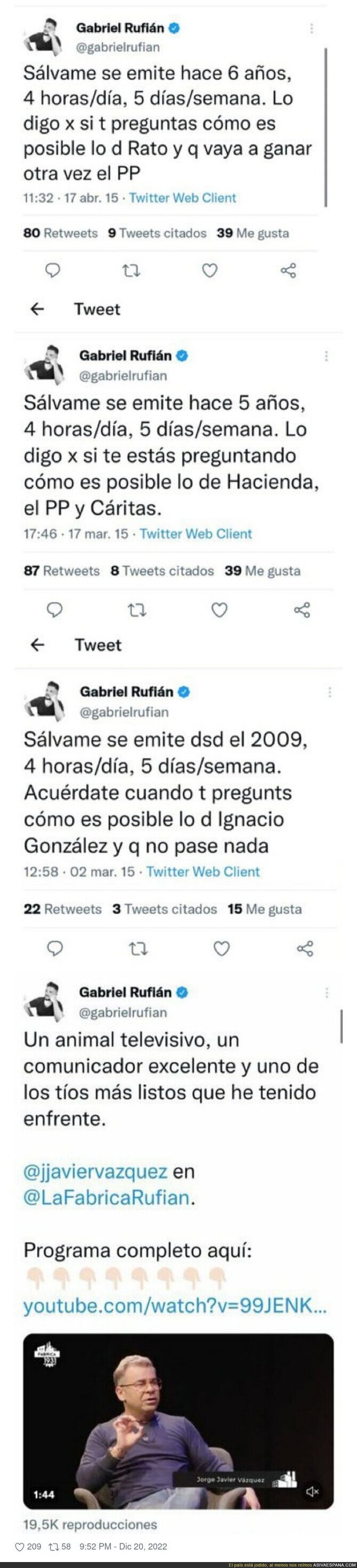 El cambio de opinión de Gabriel Rufián con Sálvame y Jorge Javier Vázquez