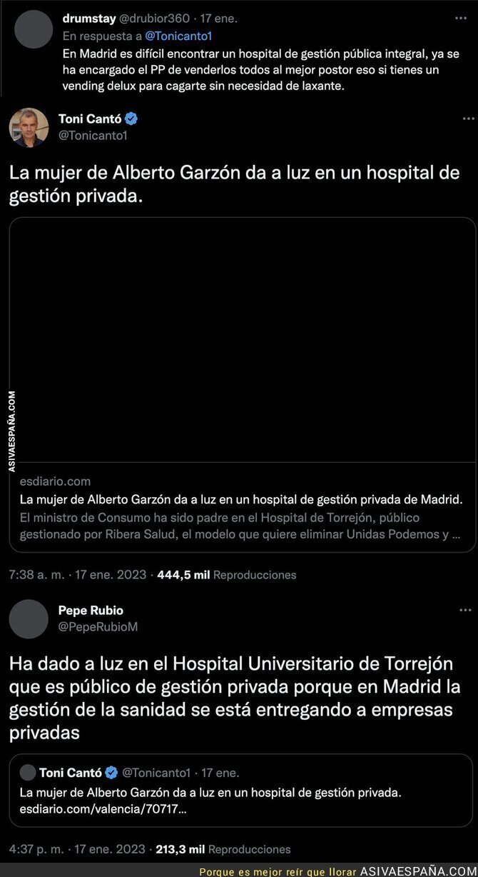 Las críticas de Toni Cantó a la mujer de Alberto Garzón por dar a luz en un hospital de gestión privada