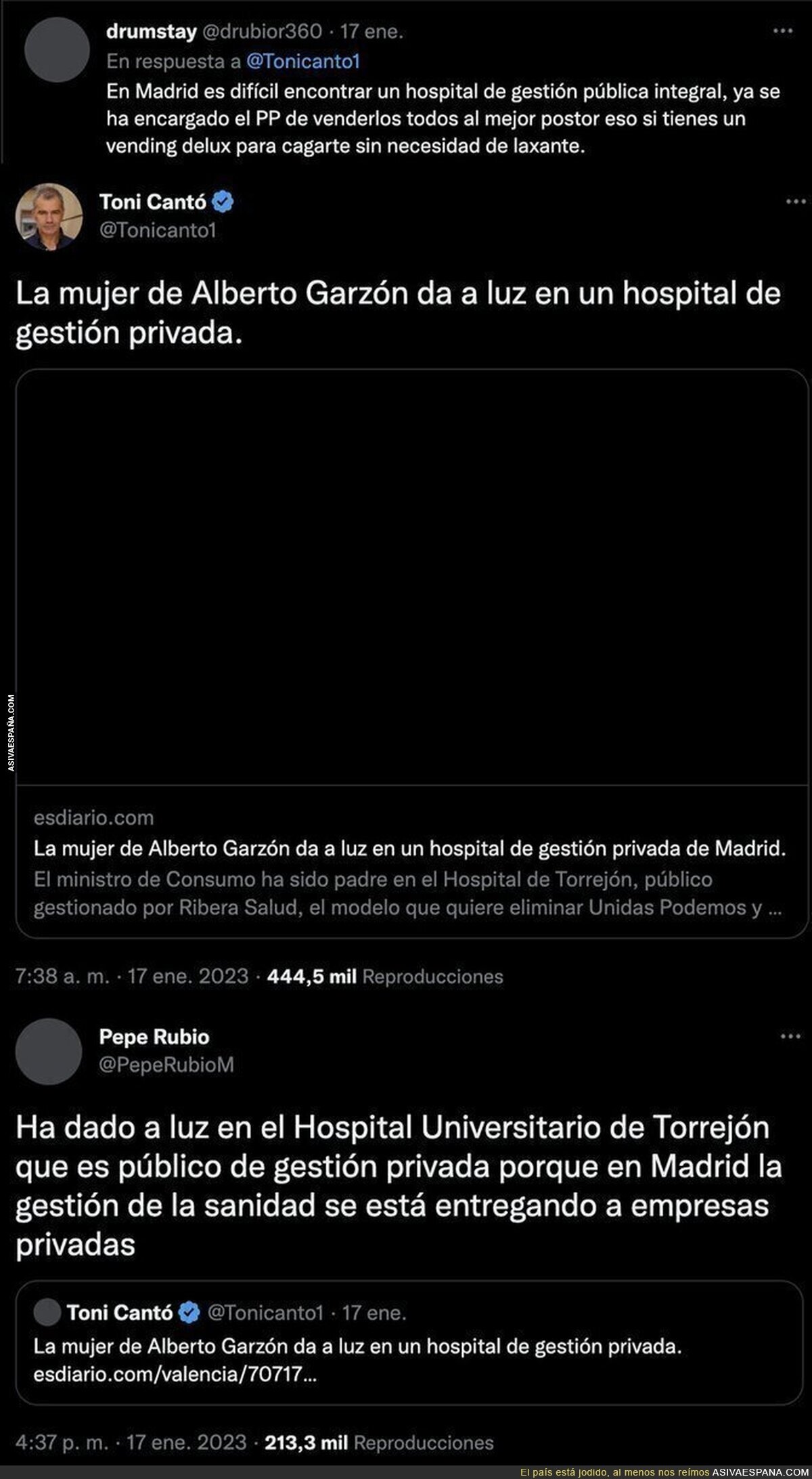Las críticas de Toni Cantó a la mujer de Alberto Garzón por dar a luz en un hospital de gestión privada