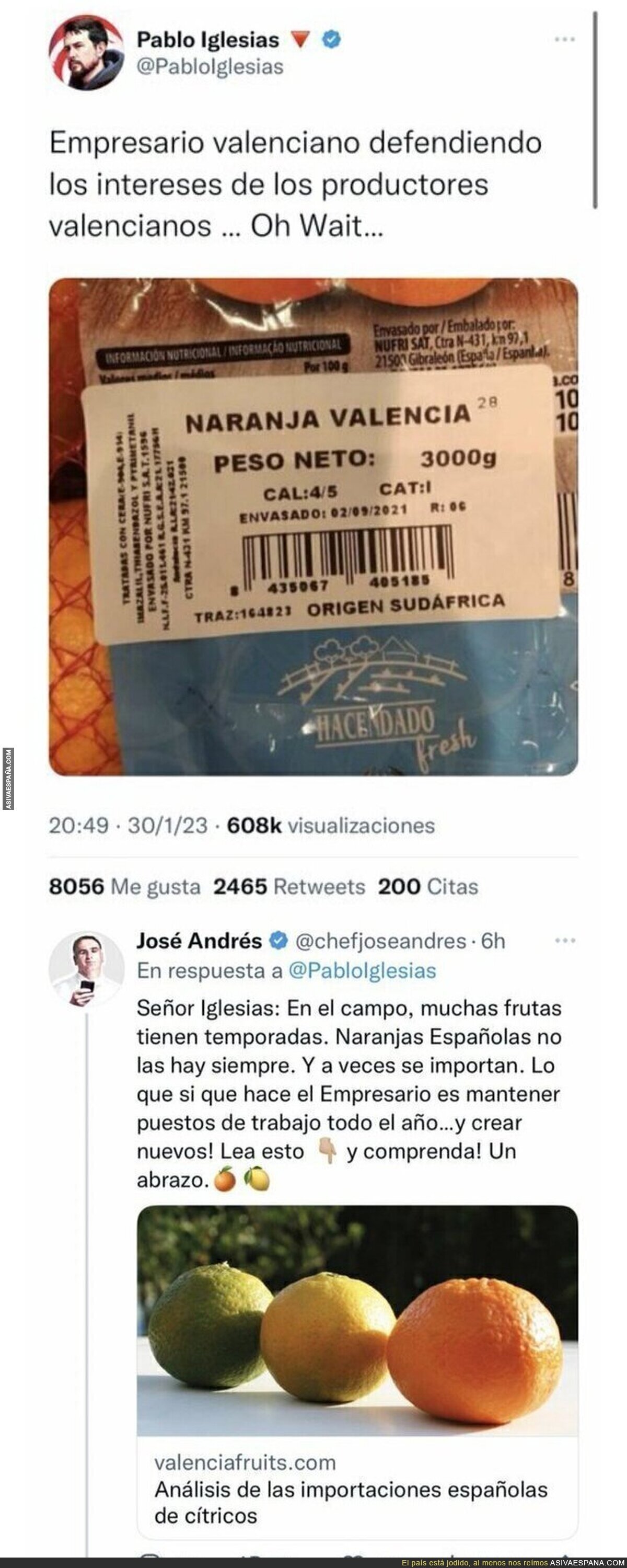 El Chef José Andrés responde a Pablo Iglesias por hablar así de las naranjas valencianas