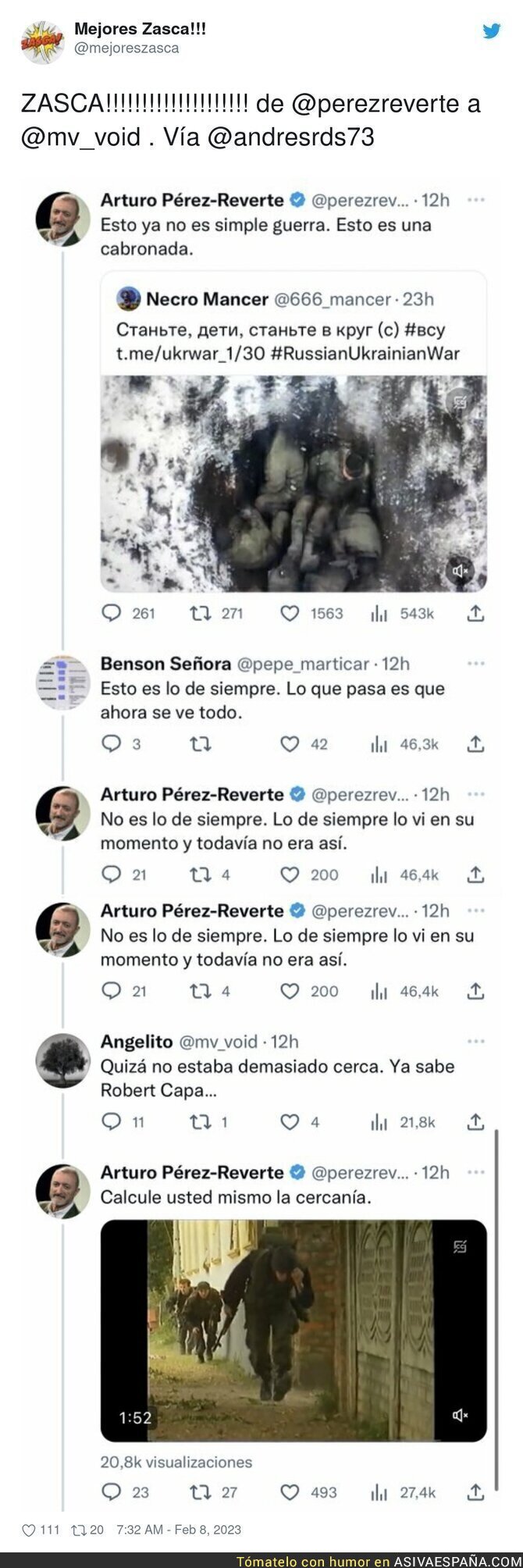 Arturo Pérez-Reverte le da un revés monumental a un personaje que dudaba sobre la capacidad del escritor para hablar de la guerra