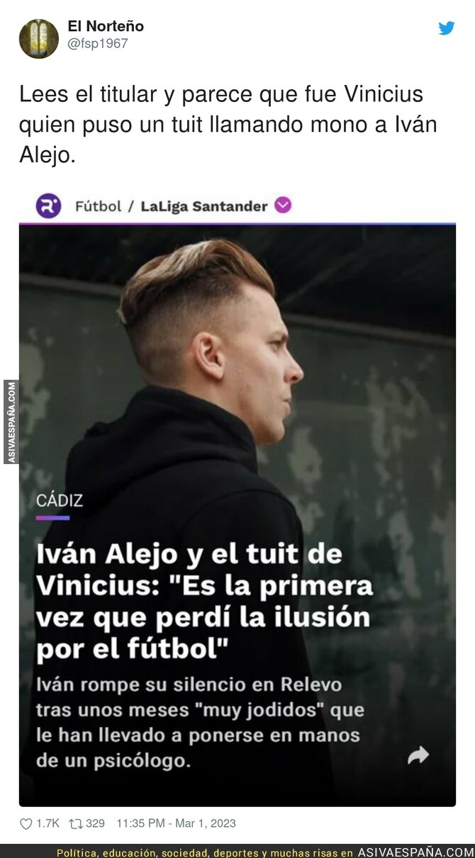 Iván Alejo se hace la víctima tras el tuit hacia Vinicius