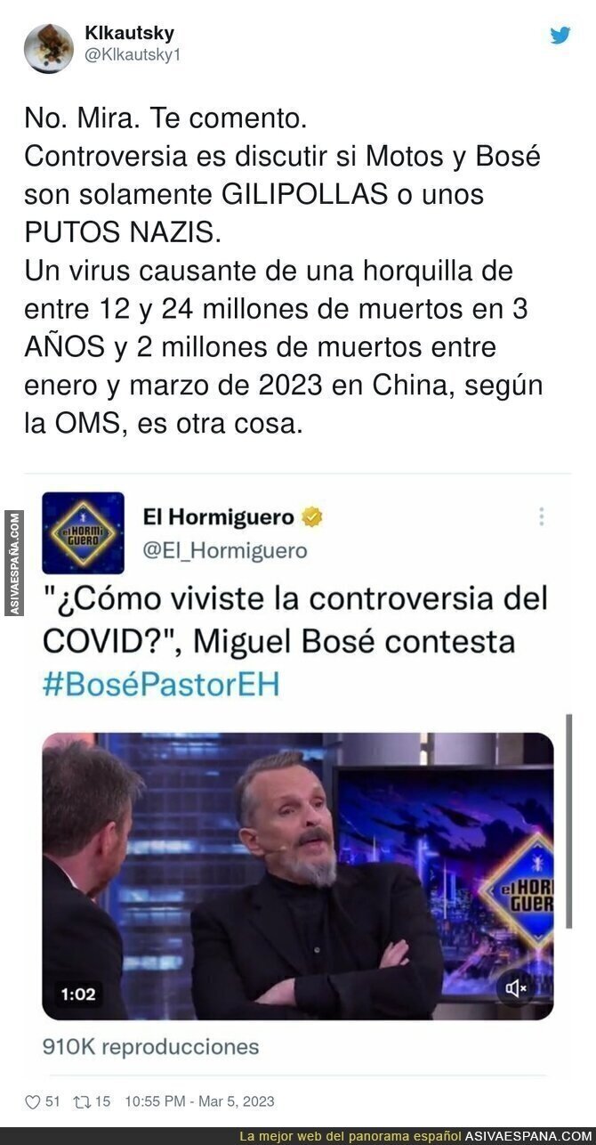 Para 'El Hormiguero' lo del COVID es una controversia con Miguel Bosé