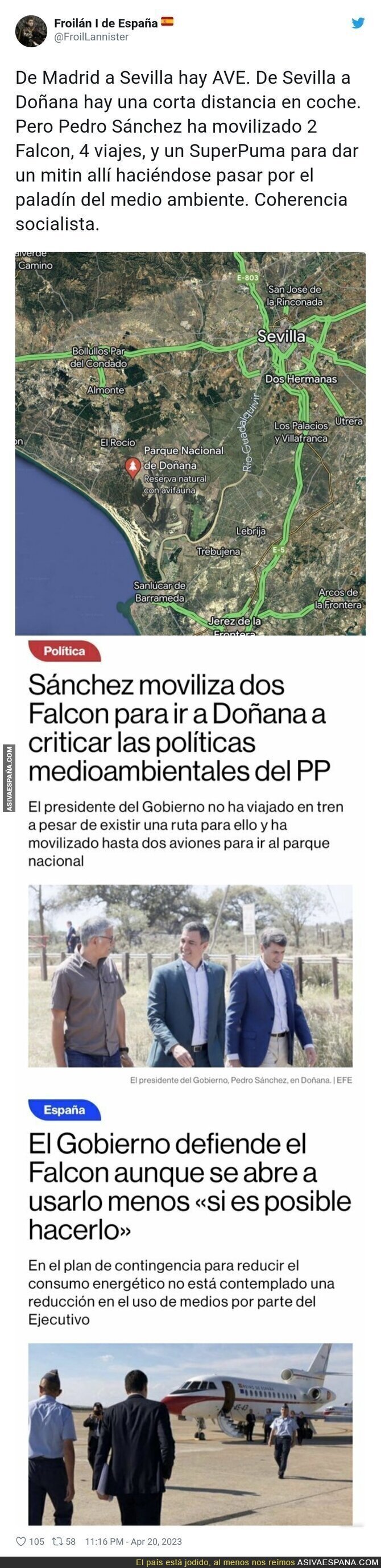 Críticas a Pedro Sánchez por todo lo que ha movilizado para irse a Doñana