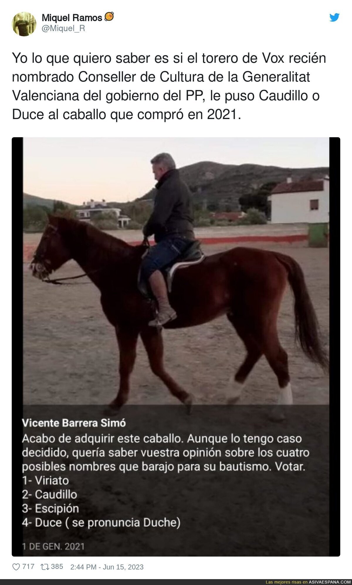 Atención al nombre que quería ponerle el Conseller de Cultura de la Generalitat Valenciana a su caballo