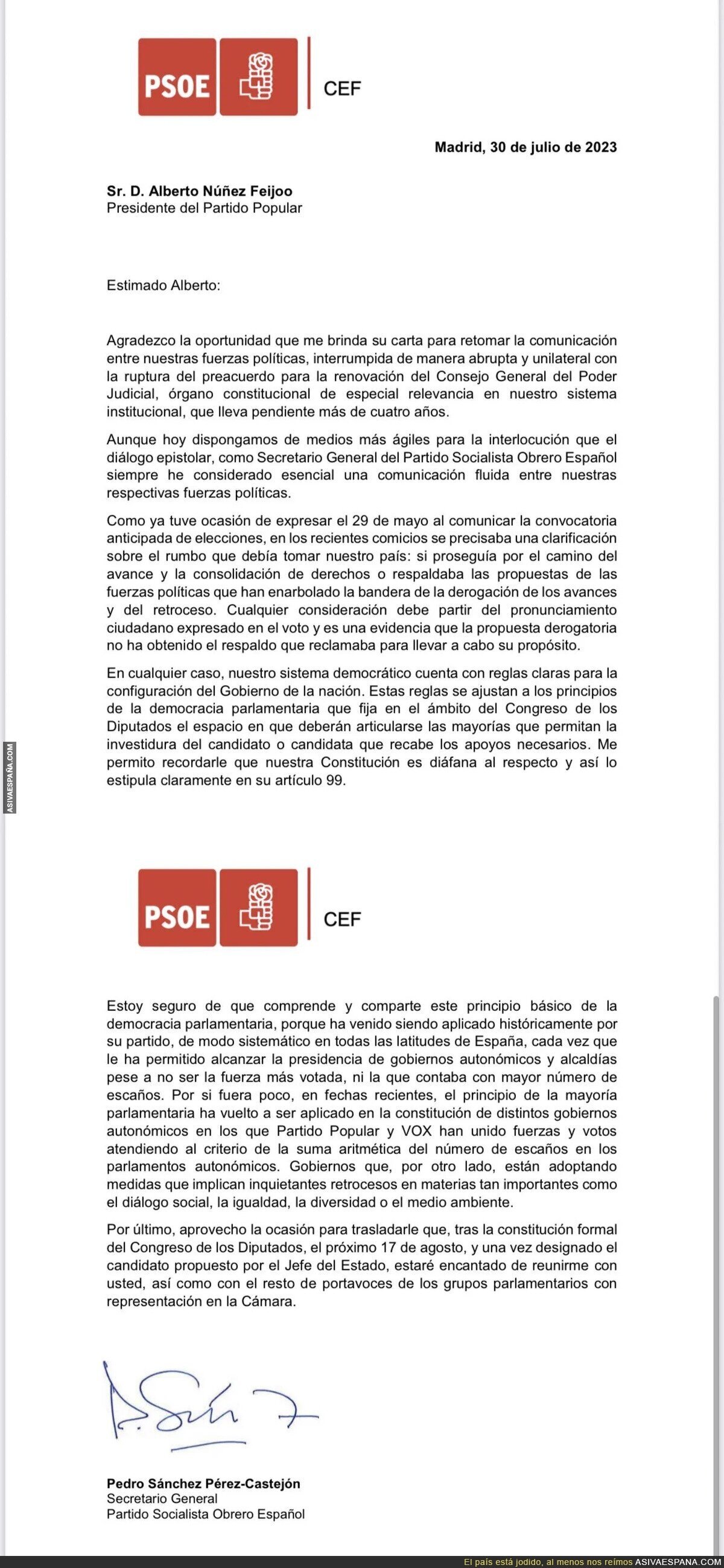 El primer párrafo de esta carta de Pedro Sánchez a Feijóo es una bofetada con la mano abierta