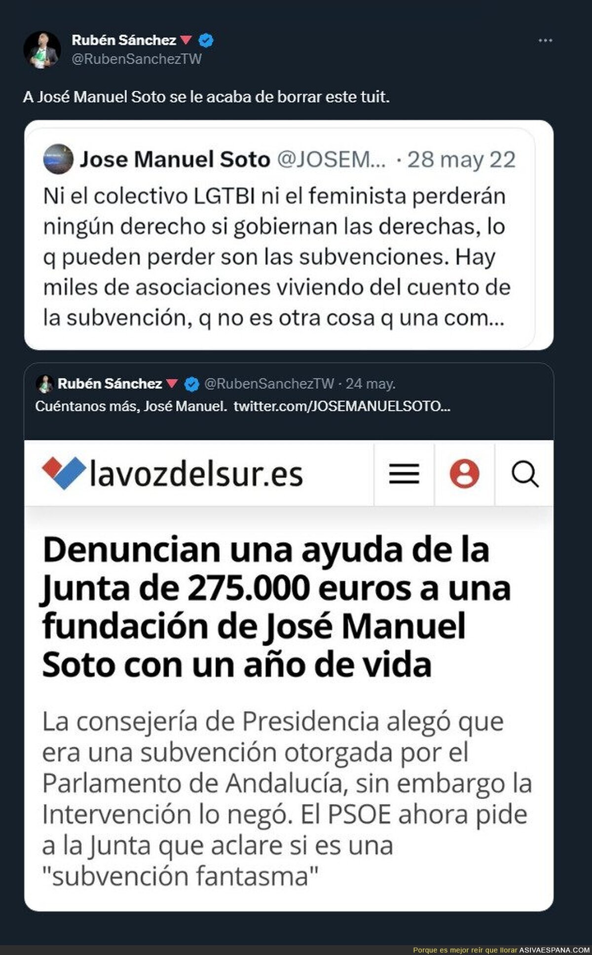 Jose Manuel Soto: Han encontrado este tuit que se te perdió, justo cuando cobraste 275.000€ para tu chiringuito "Destino Rocío"