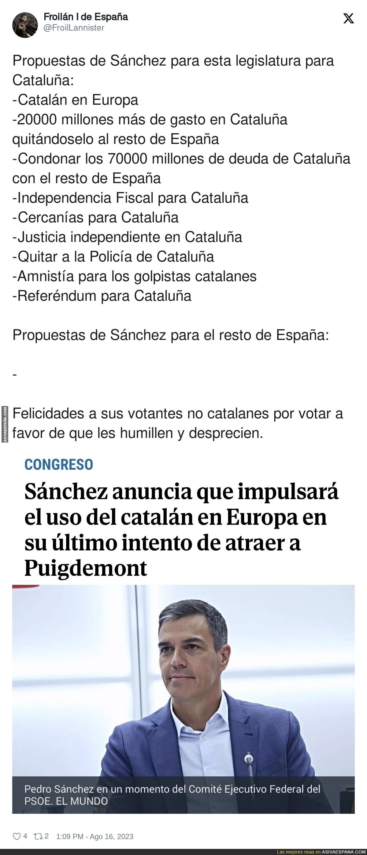 Propuestas de Sánchez para esta legislatura para Cataluña