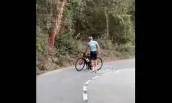 El tenso momento de un ciclista que se defiende de un jabalí con su bici