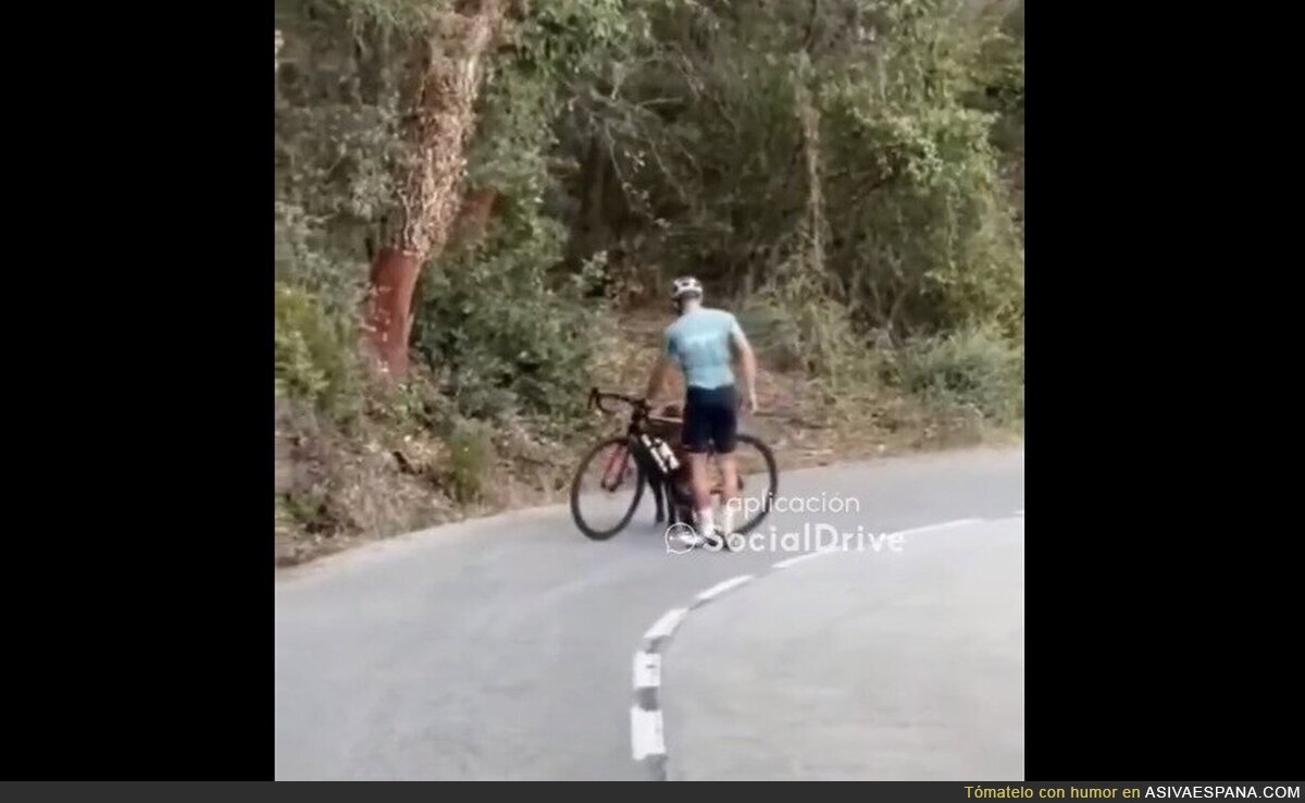 El tenso momento de un ciclista que se defiende de un jabalí con su bici