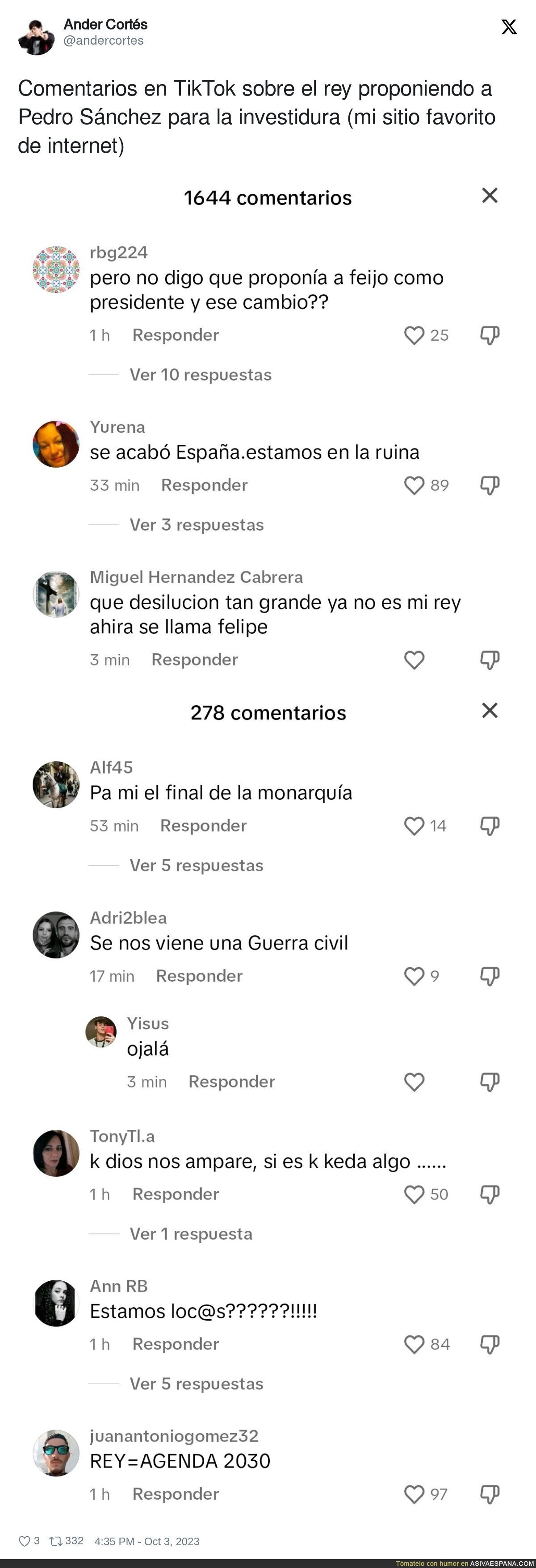 Comentarios en TikTok sobre el rey proponiendo a Pedro Sánchez para la investidura