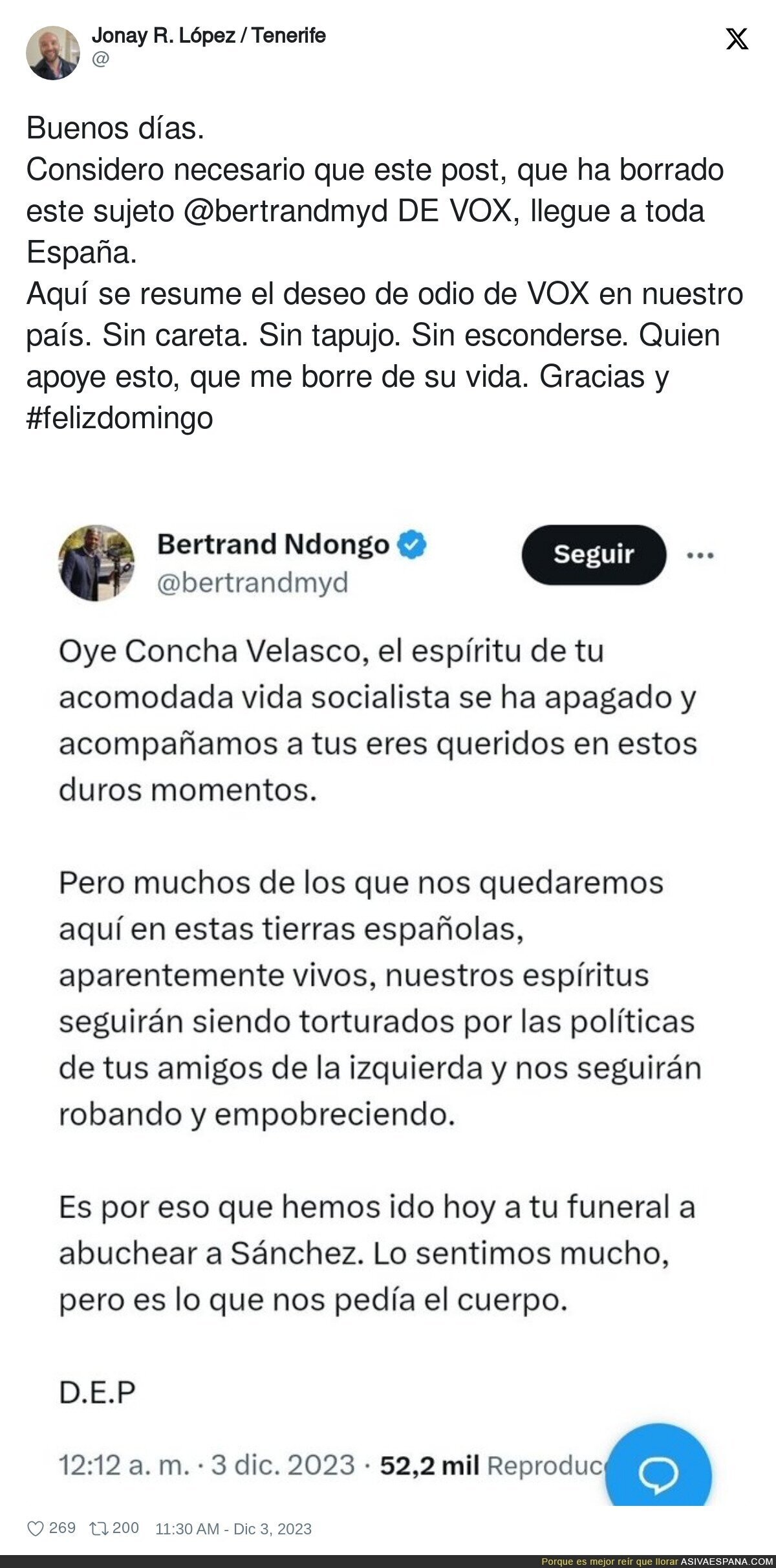 Bertrand Ndongo es un ser repugnante con este mensaje hacia Concha Velasco