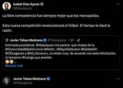 Isabel Díaz Ayuso le da un tremendo revés a Javier Tebas por la Superliga