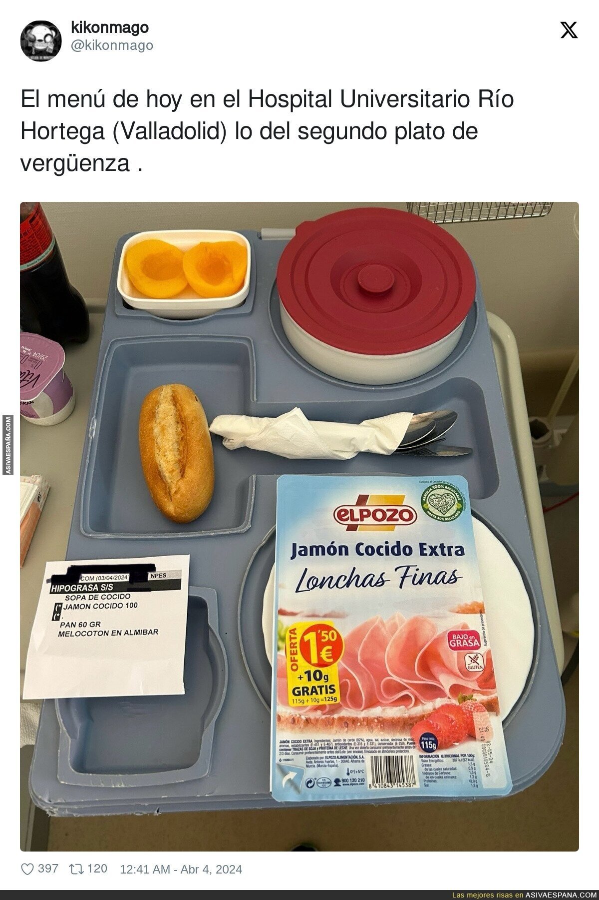 Vergüenza absoluta la comida que le han puesto a esta persona en el Hospital Universitario Río Hortega