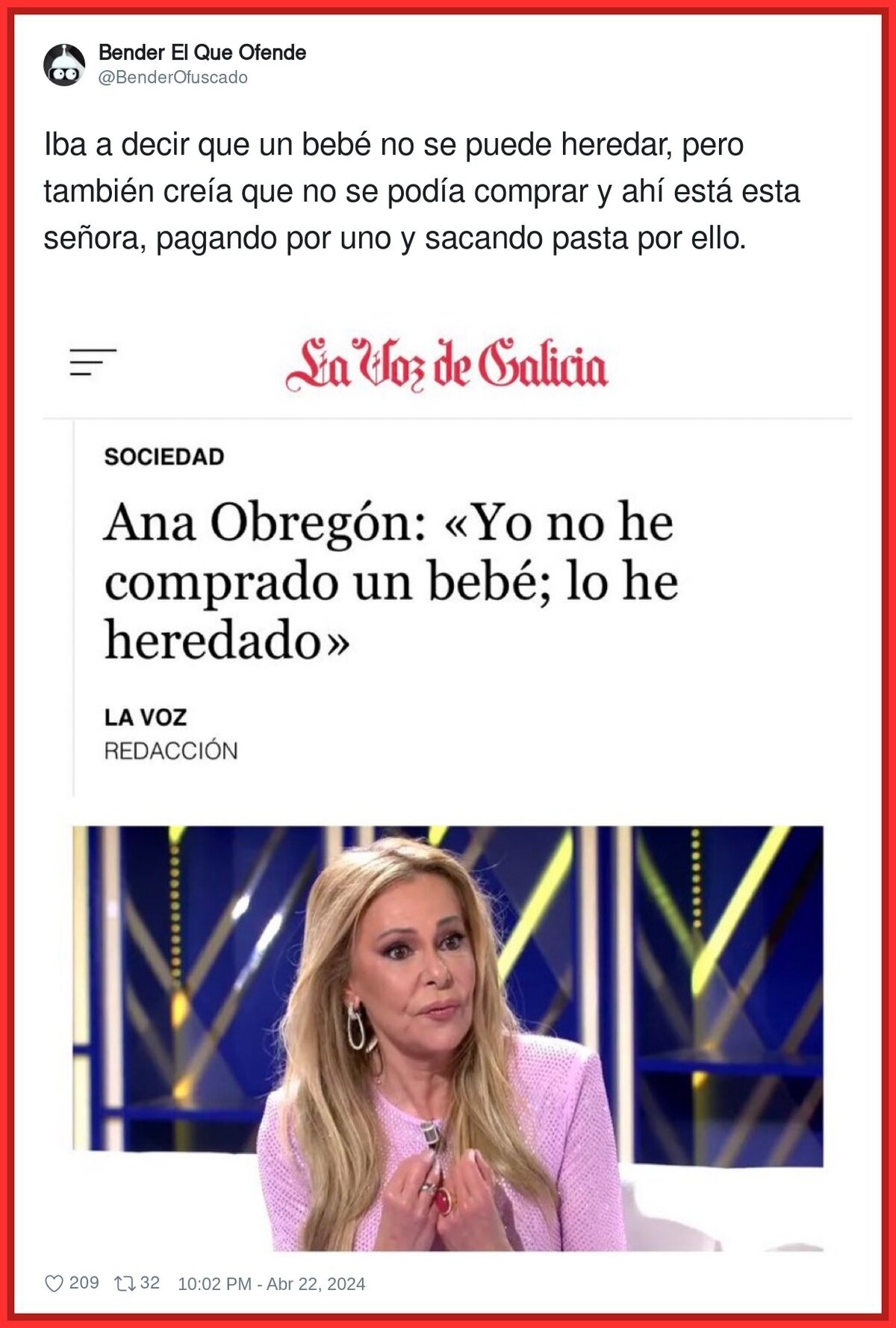 Gran polémica por esto que dijo Ana Obregón sobre su bebé comprado