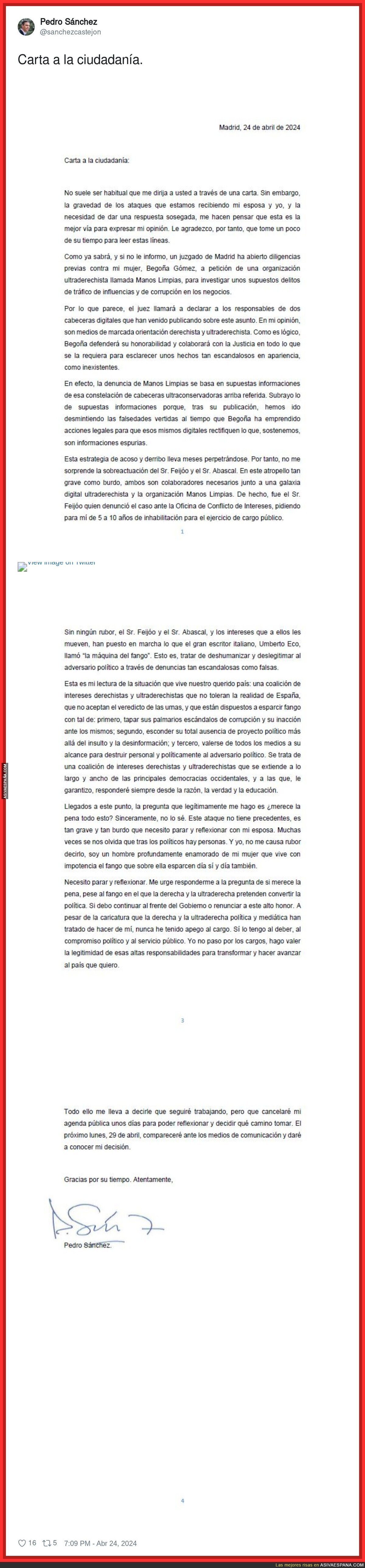 Pedro Sánchez se cansa y lanza una carta a la ciudadanía